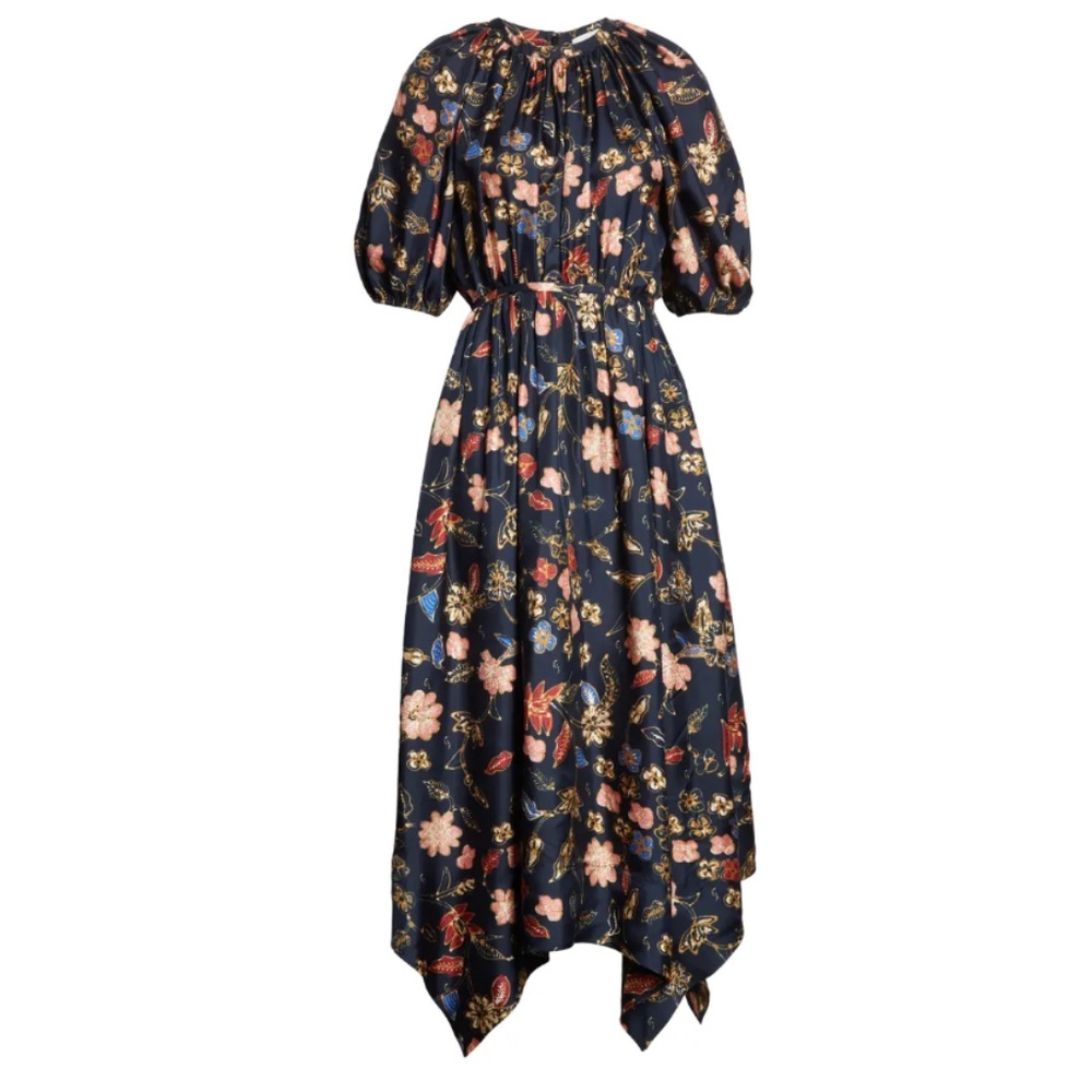 ULLA JOHNSON | Cybil Floral Print Puff Sleeve Silk Midi Dress
